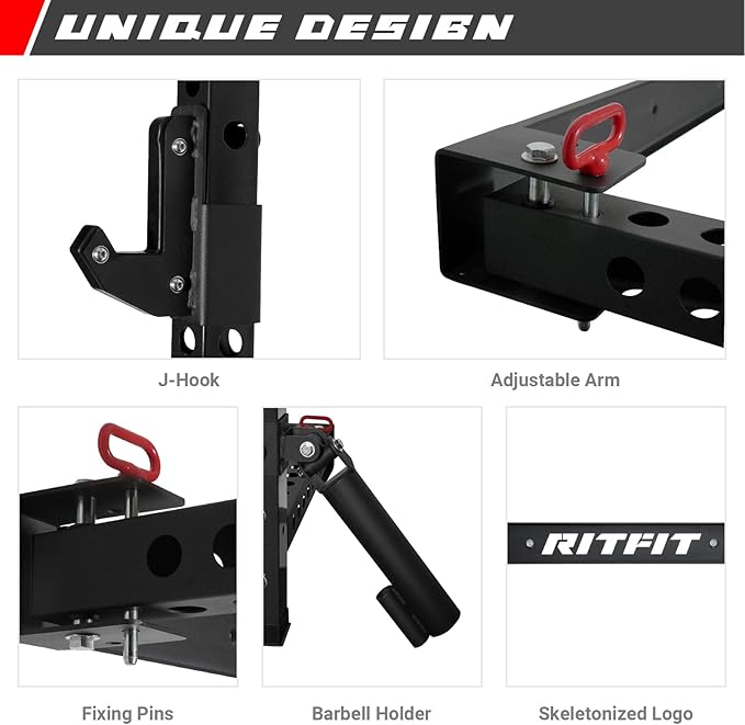 RitFit Multi-Functional Folding Squat Rack for Home Gym, 2.36'' x 2.36'' Wall Mounted Squat Rack with Attachments - Space Saving Squat Power Rack