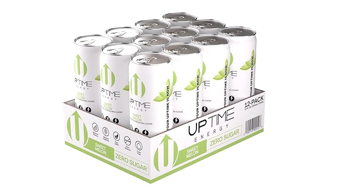 UPTIME Energy Drink, Sweet Summer Melon Sparkling, 12 Pack, Vitamin C, L Theanine, Calcium, Sugar Free Energy Drinks for Focus Support, 142mg of Natural Caffeine, 5 Calories, Natural, 12 fl oz Cans