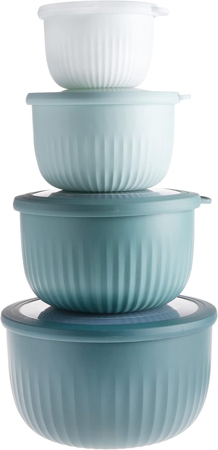 COOK WITH COLOR 4pc Plastic Mixing Bowl Set with Lids (Teal Ombre, 210 ml, 550 ml, 1150 ml, 3500 ml) - Sturdy, Nesting, BPA Free, Dishwasher Safe, Food Safe, Bowls for Cooking and Baking