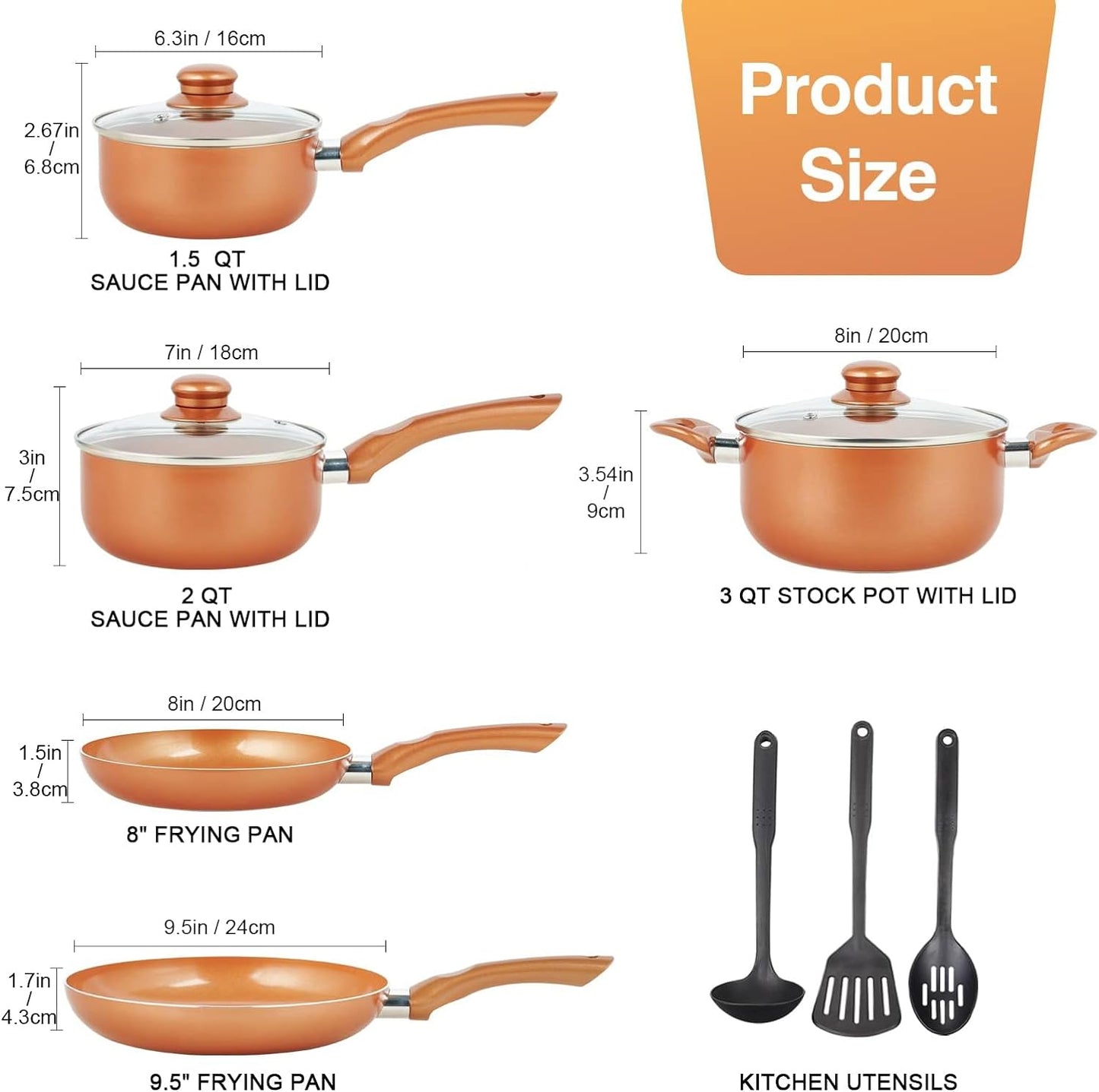 Pots and Pans Set Ultra Nonstick, Pre-Installed 11pcs Cookware Set Copper with Ceramic Coating, Stay cool handle & Nylon Kitchen Utensils, Gas/Induction Compatible, 100% PFOA Free