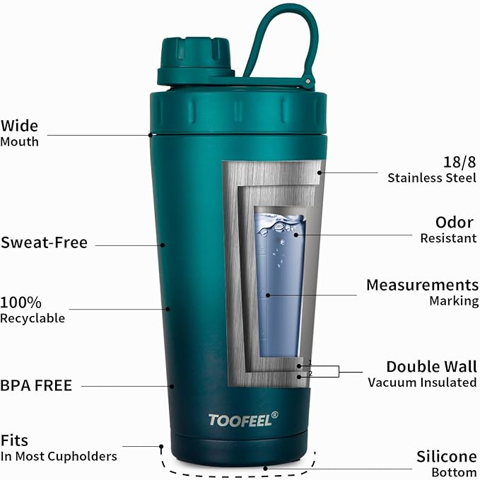 TOOFEEL Protein Shaker Bottle 20 oz - Double Walled Insulated Vacuum Shaker Cups for Protein Shakes, Keeps Cold/Hot, Metal Stainless Steel Water Bottle, Preworkout Gym Shaker Bottle