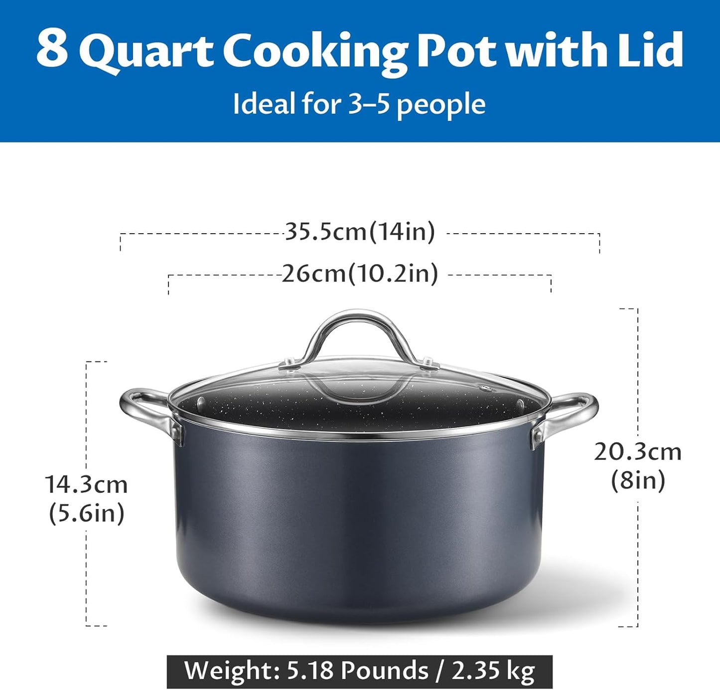 BEZIA 8 Quart Cooking Pot, Large Non Stick Induction Stock Pots with Lid, All Stove Compatible, 8 QT Aluminum Soup/Stew Pot For Families of 3–5, Grey