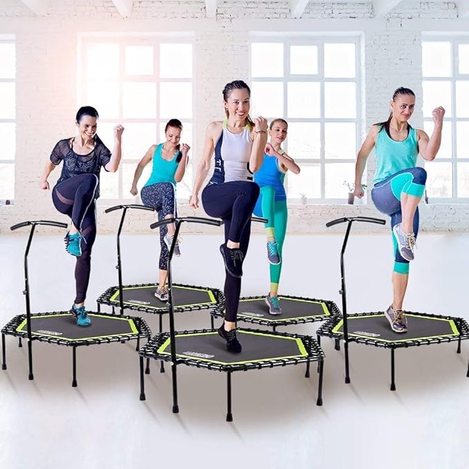 ONETWOFIT 48" Silent Mini Trampoline with Adjustable Handle Bar Fitness Trampoline Bungee Rebounder Jumping Cardio Trainer Workout for Adults