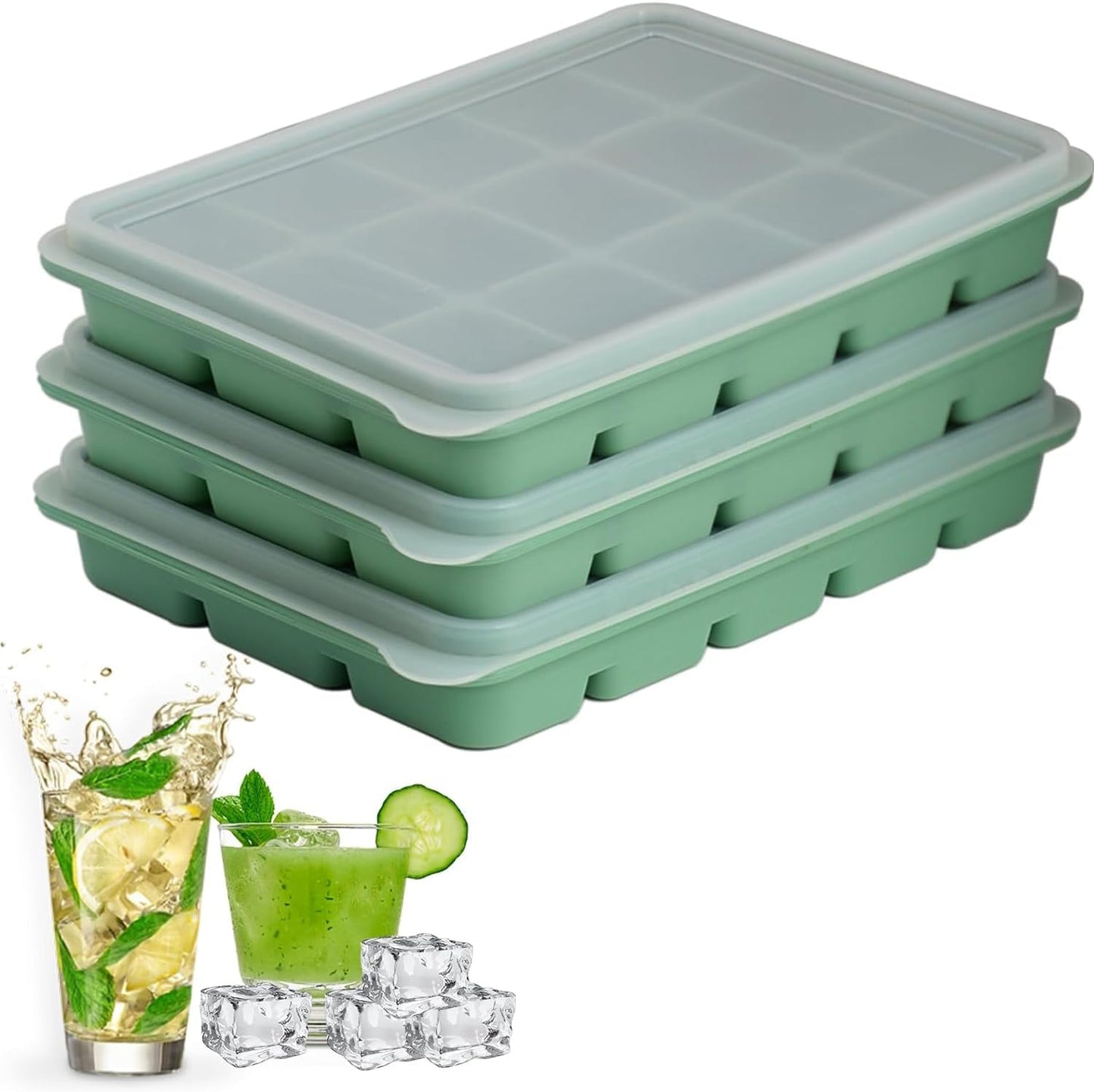 Ice Cube Trays Set of 3, Easy Release 15 Flexible Silicone Ice Cube Molds with Removable Lid Reusable Freezer Ice Trays Stackable for Whiskey, Baby Food, Green