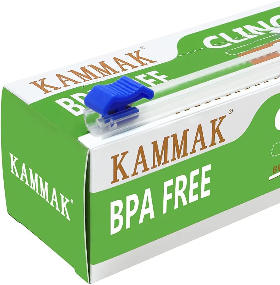 KAMMAK Plastic Wrap with Slide Cutter - 4 Pack 12 inch Clear Cling Film, 300 Square FT Roll - BPA Free, Microwave Safe, Quick Cut Kitchen Wrap