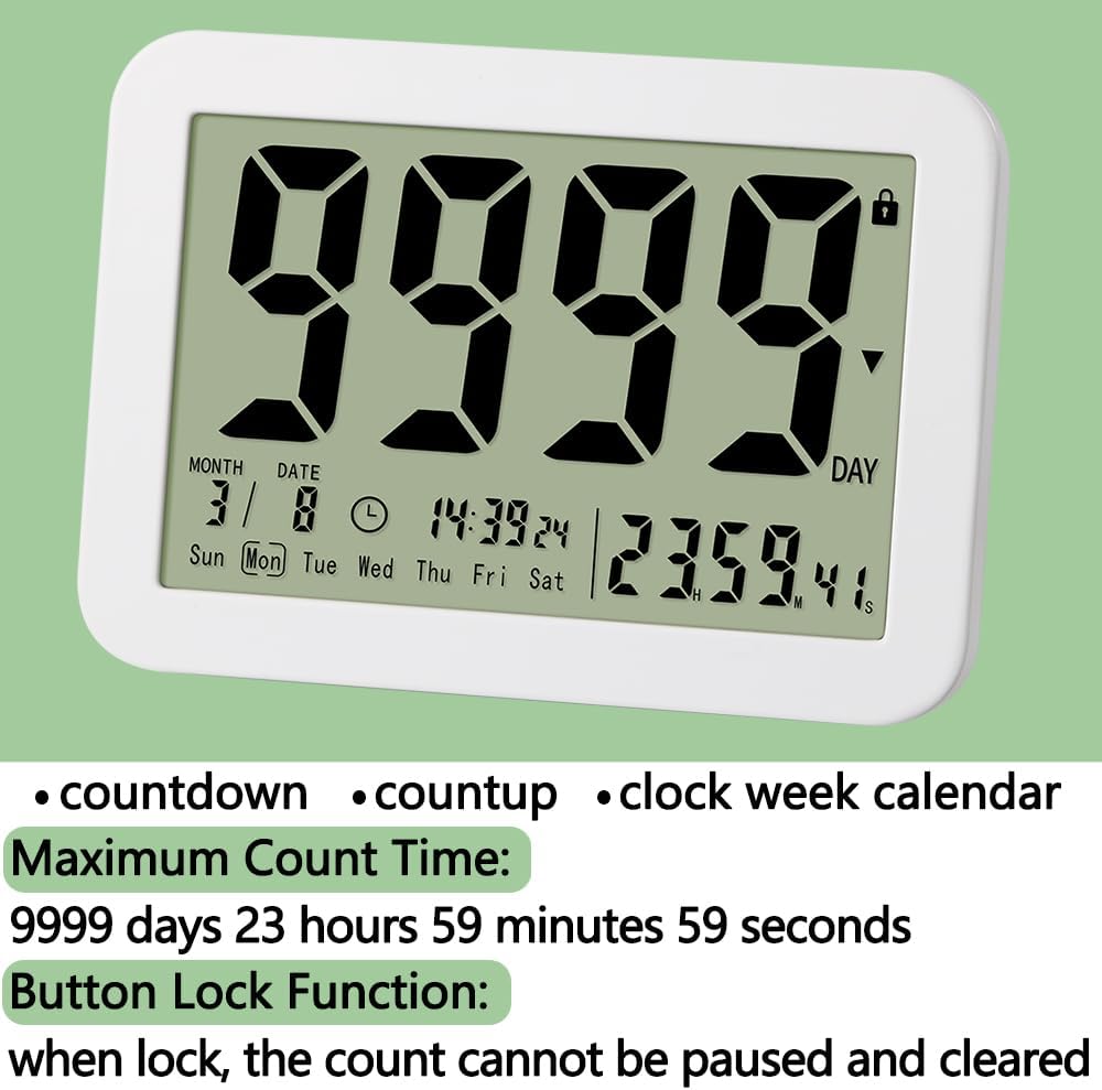 FCXJTU Digital Countdown Days Timer Clock- 9999 Days Count Down Days Timer with Stand Strong Magnetic Back for Retirement Wedding Vacation Christmas New Baby Classroom Lab Kitchen Cooking (9999Day)
