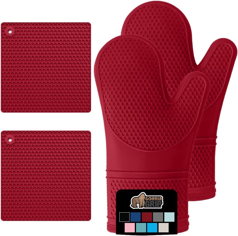 GORILLA GRIP BPA-Free Soft Silicone Oven Mitts and Pot Holders Sets of 4, Heat Resistant Waterproof Cooking Gloves, Thick Cotton Lining, Flexible Gripping for Baking Grilling, Kitchen Trivets, Red