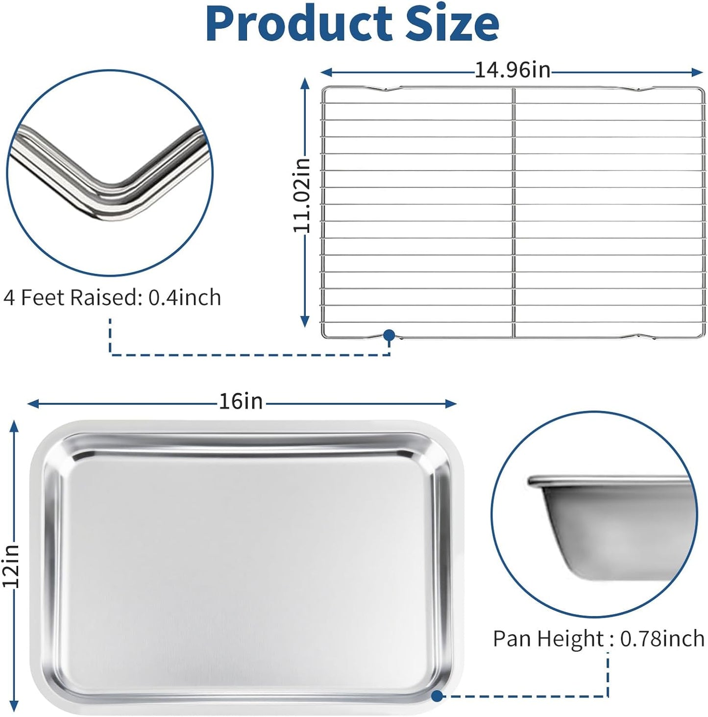 Baking Sheet with Rack Set of 4 (2 Pans + 2 Racks), 16 x 12 x 1 Inch Stainless Steel Cookie Pan with Cooling Rack, Non Toxic & Dishwasher Safe & Easy Clean for Baking, Cooling, Meats, Veggies