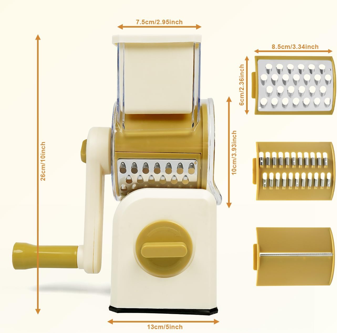 3 in 1 Cheese Grater, Rotary Cheese Grater with Handle for kitchen, Vegetable Slicer with 3 Replaceable Stainless Steel Blades,Peeler and Rubber Gloves (White)