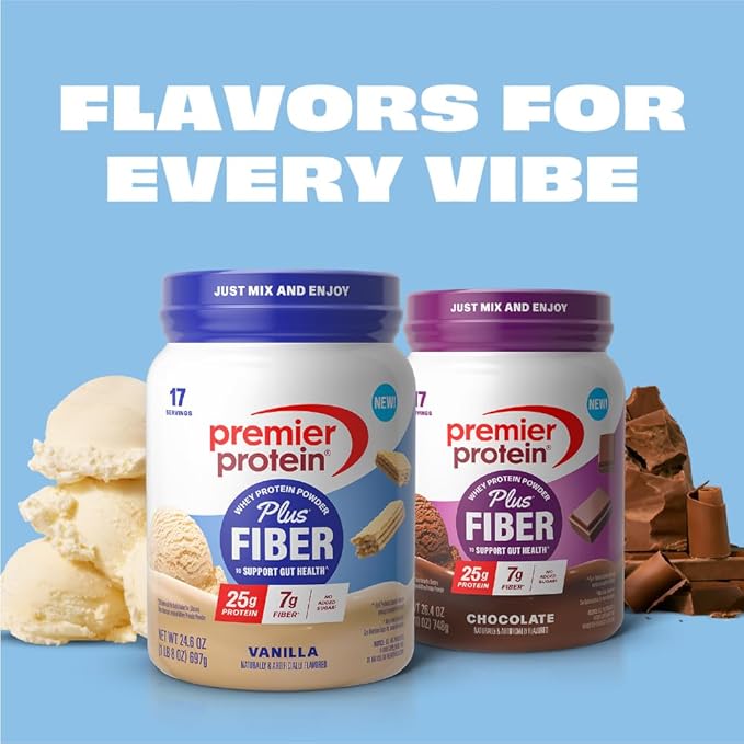 Premier Protein Powder Plus Fiber, 25g Protein, 7g Fiber, Vanilla, No Added Sugar,17 Servings