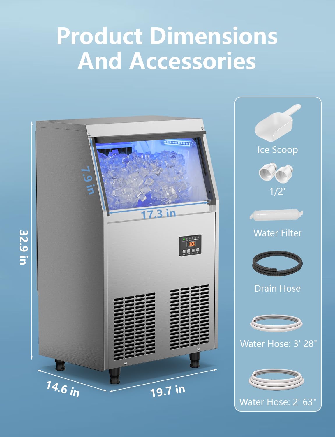 Commercial Ice Maker Machine, 200LBS/24H Under Counter Ice Maker with 35LBS Ice Storage,Stainless Steel Freestanding Ice Maker for Restaurant, Home, Bar, Office, Party, Outdoor Activities