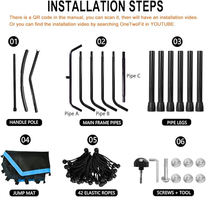 ONETWOFIT 48" Silent Mini Trampoline with Adjustable Handle Bar Fitness Trampoline Bungee Rebounder Jumping Cardio Trainer Workout for Adults