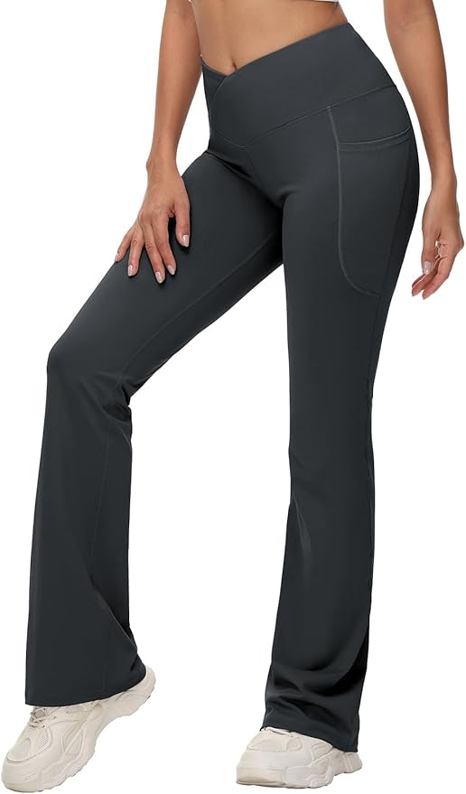 baleaf Women's V Crossover Flare Leggings with Pockets Yoga Pants High Waist Casual Workout Gym Bell Bottom Leggings