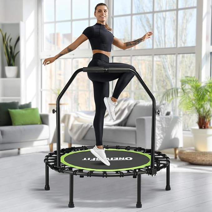 ONETWOFIT Foldable Rebounder Trampoline for Adults, 40/42/45” Mini Fitness Trampoline W/Adjustable Foam Handle Bungees, Quiet Exercise Trampoline for Personal Indoor Workout