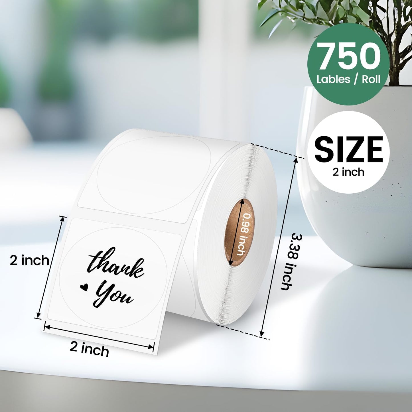 2” White Circle Thermal Label, Self-Adhesive Round Sticker Label 750 Labels/Roll, Round Direct Thermal Labels, Multi-Purpose Roll Thermal Stickers for Small Business