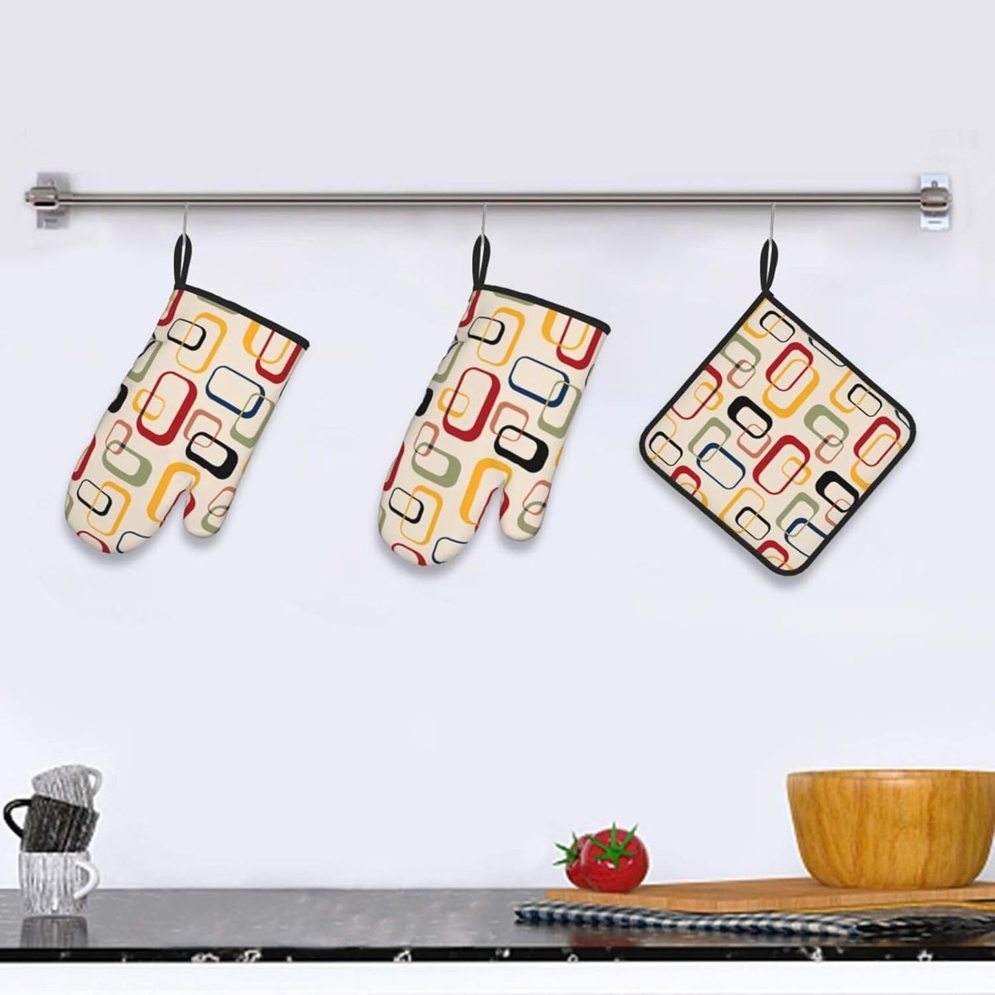 Mid Century Modern Retro Oven Mitts and Pot Holders Sets of 3 Vintage Decorative Heat Resistant Non Slip BBQ Gloves for Cooking Grilling Baking Kitchen Decor