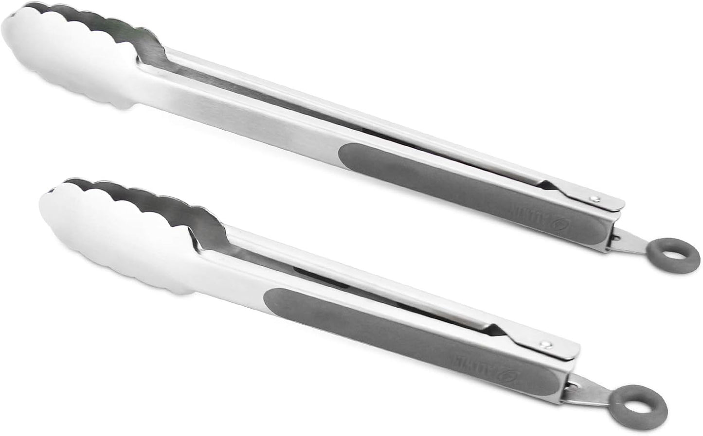 304 Stainless Steel Kitchen Cooking Tongs, 9" and 12" Set of 2 Sturdy Grilling Barbeque Brushed Locking Food Tongs with Ergonomic Grip, Grey