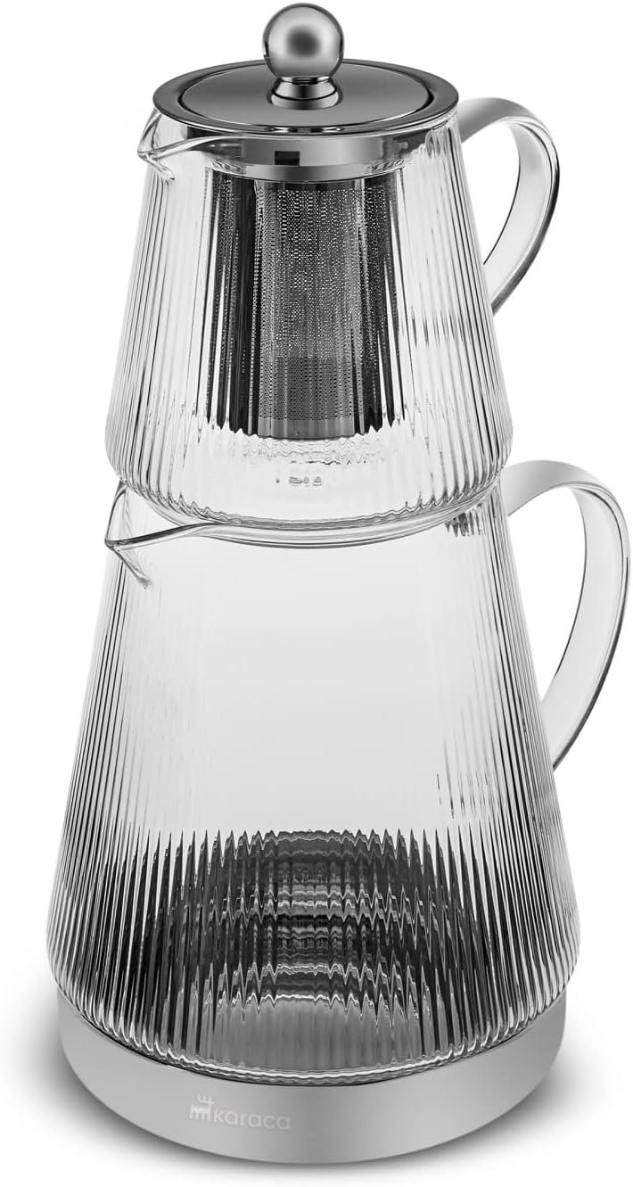 Karaca Keops Turkish Teapot with Infuser and Lid (450 ml Tea Pot & 1500 ml Induction Kettle) - Borosilicate Glass Teapot Set for Stovetops - Clear Tea Maker with 10-15 Cups Capacity
