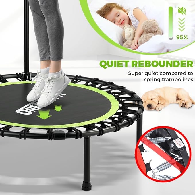 ONETWOFIT Foldable Rebounder Trampoline for Adults, 40/42/45” Mini Fitness Trampoline W/Adjustable Foam Handle Bungees, Quiet Exercise Trampoline for Personal Indoor Workout