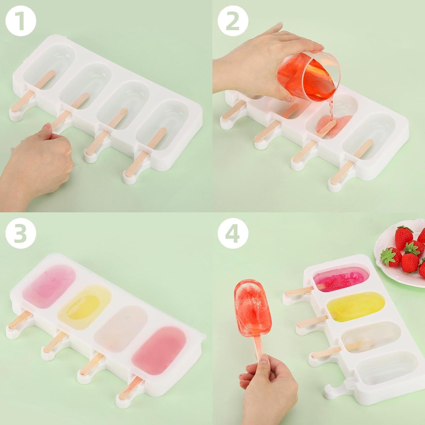 3 Set Popsicles Molds with Lids and 100 Pcs Wooden Popsicles Sticks, Standard Size 4 Cavities Silicone Ice Pop Molds for Making Cakesicles, Cake Pops, Ice Cream - BPA Free