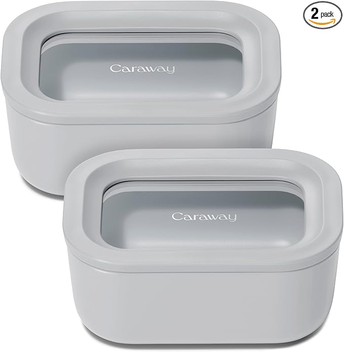 Caraway 2pc Glass Food Storage Set - 2.6 Cup Food Containers (2) - Non-Toxic Ceramic-Coated Glass - Air Release Technology - Compact & Stackable Design - Gray