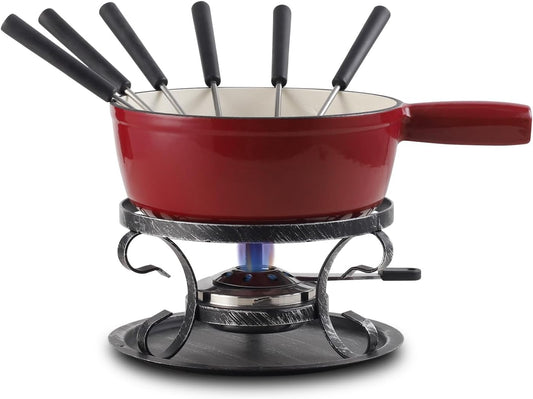 Artestia Cast Iron Swiss Fondue Set – Swiss Traditional 2L Cheese & Chocolate Fondue Pot for 4-6 People – Ideal for Melting Cheese, Chocolates, Caramel, & More, Red