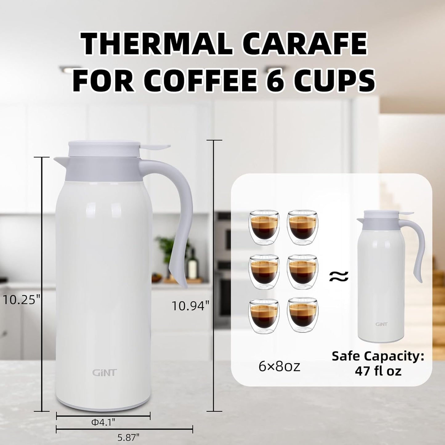 GiNT 51 Oz Stainless Steel Thermal Coffee Carafe, Double Walled Vacuum Insulated Flask, 12 Hour Heat Retention, 1.5 Liter Tea, Water, and Coffee Dispenser (Upgraded version White)