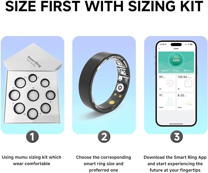 MUMU Smart Ring Sizing Kit for Women Men,Fitness Tracker Ring for Sport Monitoring,Choose Sizes 7 to 13,No Subscription Fee, IP68 Waterproof Smart Ring for iPhone & Android(Only Sizing Kit)