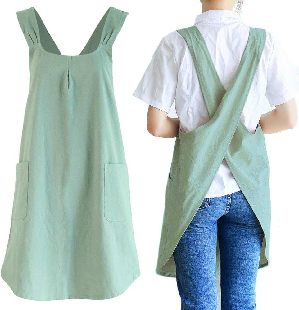 NEWGEM Japanese Linen Cross Back Cooking Aprons for Women Men with Pockets Cute for Baking Kitchen