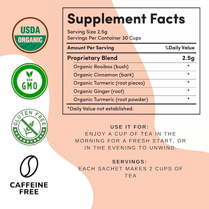 Organic Turmeric Ginger Tea - AIP diet, Whole 30, Paleo friendly, Golden Tonic Herbal Blend - Ayurvedic rooibos herbs, 100% Organic Gluten-Free