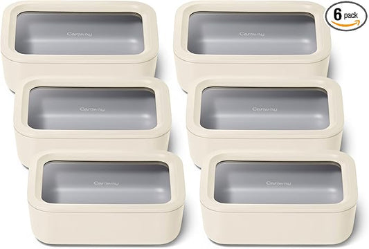 Caraway 6pc Glass Food Storage Set – 6.6 Cup Food Containers (6) - Ceramic Coated - Non Toxic, Non Stick with Lids - Microwave Safe - Cream