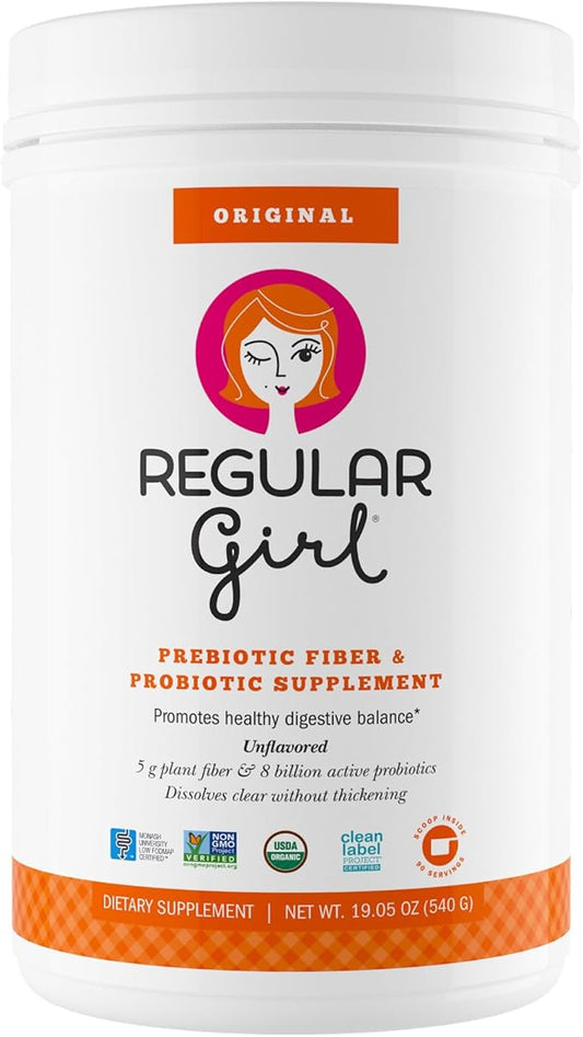 Regular Girl Organic Powder, Prebiotic Fiber Supplement and Probiotics for Women, Low FODMAP, 90 Day Bulk Supply, Unflavored, 90 Servings