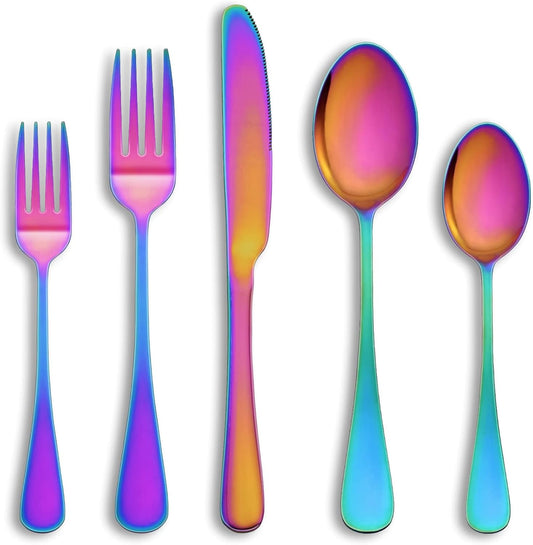 40 Pcs Rainbow Silverware Set Service for 8,Stainless Steel Flatware Serving Sets,Kitchen Tableware Set,Utensil Set for Home and Restaurant,Knives Forks Spoons Set,Mirror Polished,Dishwasher Safe