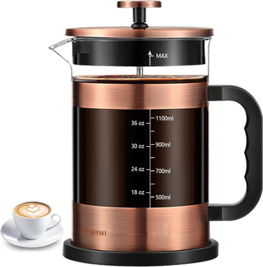 QUQIYSO French Press Coffee Maker 51oz 304 Stainless Steel French Press with 4 Filter, Heat Resistant Durable, Easy to Clean, Borosilicate Glass Coffee Press, Copper