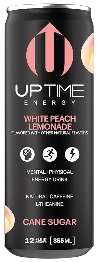 UPTIME Energy – White Peach Lemonade - Cane Sugar (12 Pack), Premium Energy Drink, 12oz Cans, Natural Caffeine, Sparkling, Natural Flavors