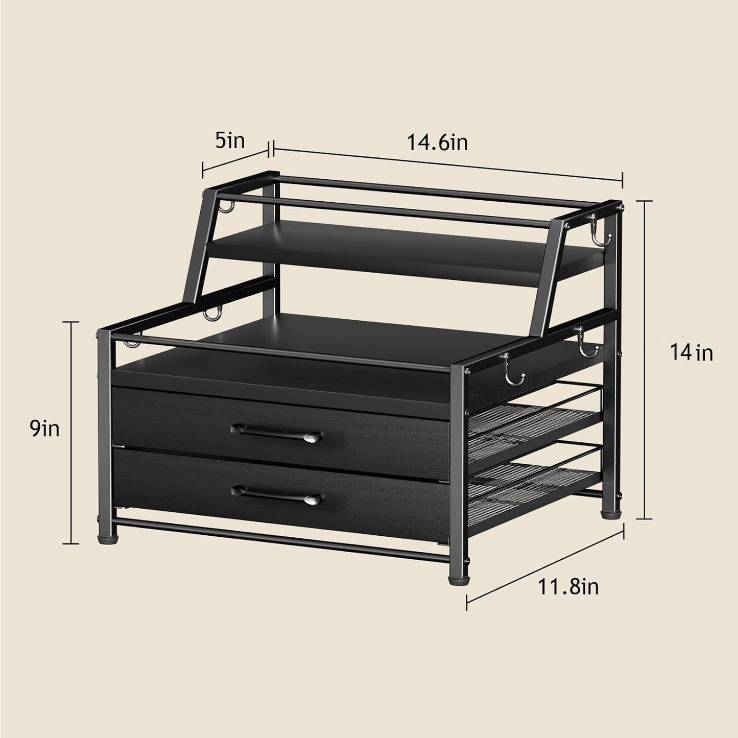 Coffee Syrup Rack Organizer - 4-Tier 8 Syrup Wine Bottles Stand with 82 Storage Drawer for K Cups, Coffee Pod Holder for Countertop, Bar Station, Kitchen, Black