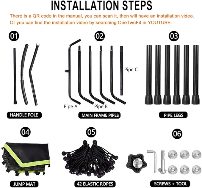 ONETWOFIT 48" Silent Mini Trampoline with Adjustable Handle Bar Fitness Trampoline Bungee Rebounder Jumping Cardio Trainer Workout for Adults