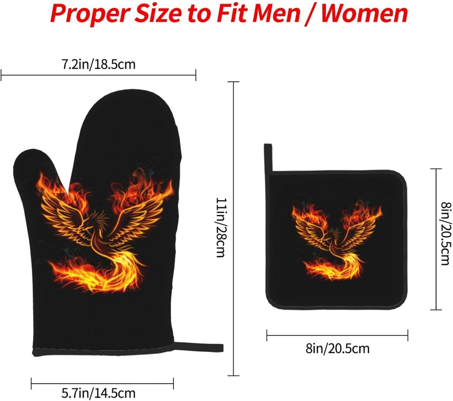 Fire Phoenix Oven Mitts and Pot Holders Set Funny Heat Resistant Microwave Oven Gloves for BBQ Baking Grilling Cooks Kitchen Decor 3 Piece
