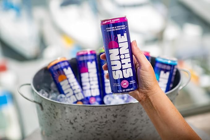 Sunshine Sparkling Energy Drink, Black Cherry with Daily Essential Vitamins, 360mg of Electrolytes, 70mg of Natural Caffeine, 12 Fl Oz (Pack of 12)