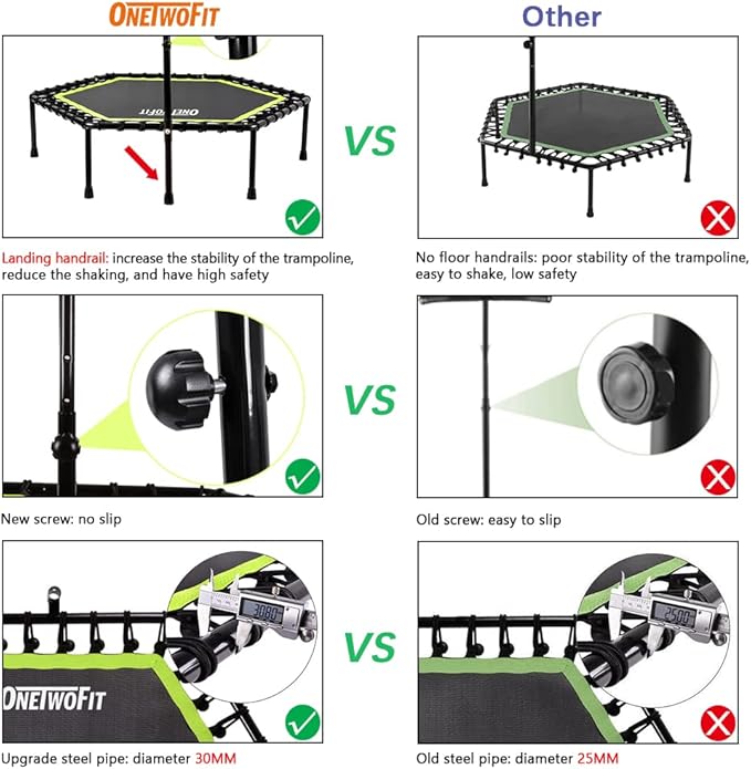 ONETWOFIT 48" Silent Mini Trampoline with Adjustable Handle Bar Fitness Trampoline Bungee Rebounder Jumping Cardio Trainer Workout for Adults