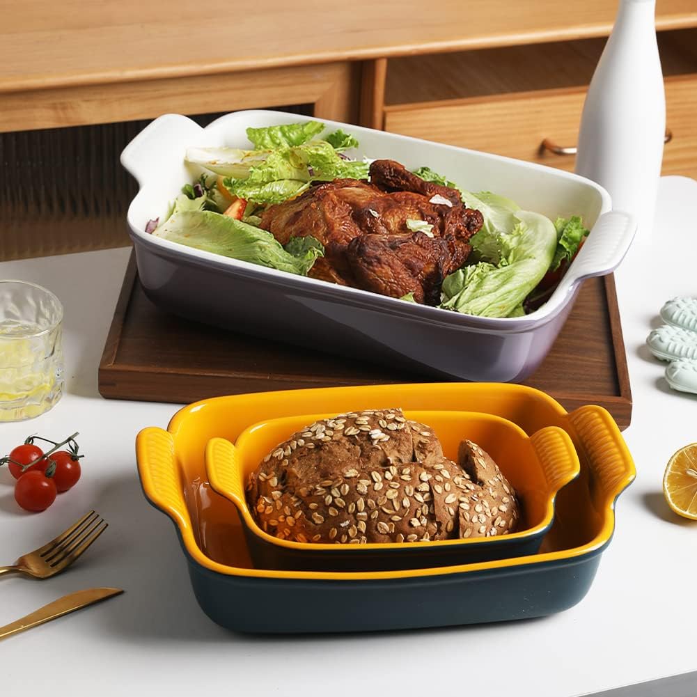 Sweejar Baking Pans Set, Ceramic 9x13 Baking Dish with Handle, Rectangular Casserole Dishes for Oven, Bakeware Sets of 3, Durable Lasagna Pan Deep for Kitchen, Banquet, Wedding Gift(Blue & Yellow)
