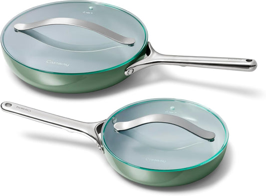 Caraway Ceramic Fry Pan Duo with Glass Lids - Non-Stick Frying Pans (10.5” & 8”) - Non Toxic, PTFE & PFOA Free - Oven Safe & Compatible with All Stovetops – Sage