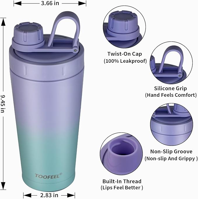 TOOFEEL Insulated Protein Shaker Bottle - 20 oz Double Walled Vacuum Metal, Keeps Cold/Hot, BPA Free Leakproof