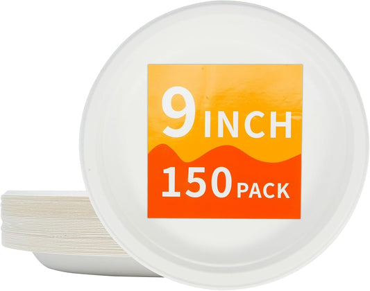Compostable Paper Plates 9 Inch - 100% Biodegradable, Heavy Duty Eco-Friendly Disposable Plates for Camping，Parties, Weddings, BBQ (150 Pack) (9" White Plates)