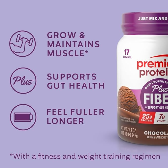 Premier Protein Powder Plus Fiber, 25g Protein, 7g Fiber, Chocolate, No Added Sugar,17 Servings