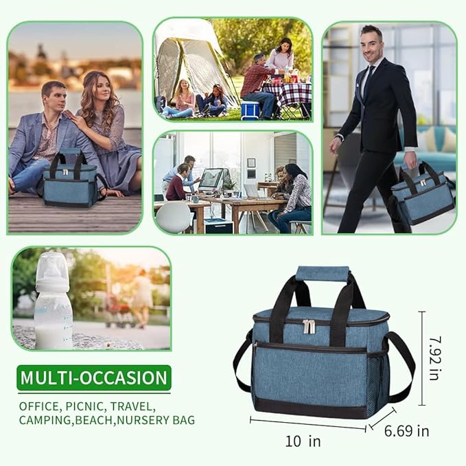 iknoe Large Foldable Cooler Bag, 8.5L Insulated Lunch Bag, Leakproof Lunch Cooler Tote with Multi-Bag Design Suitable for Beach, Picnic and Office Use, Blue 15-Can