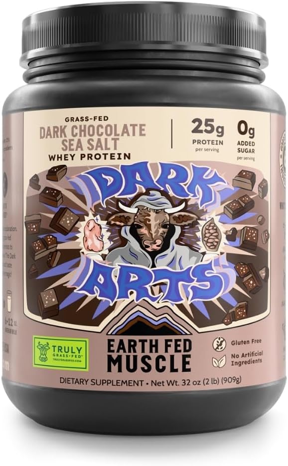 Earth Fed Muscle Dark Arts Grass Fed Truly Grass Fed Whey Protein Powder - No Artificial Ingredients, Soy Free, Gluten Free, Non-GMO and Hormone Free (2 Pound, 26 Servings, Salted Chocolate)