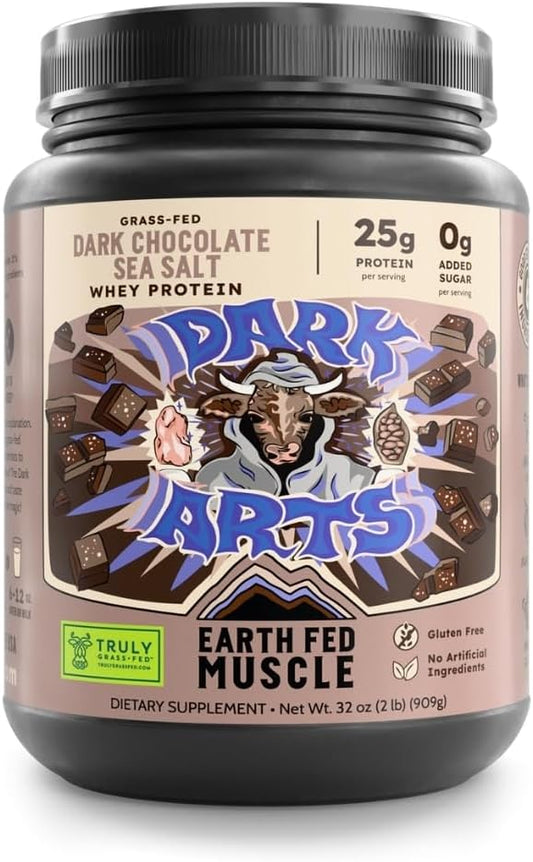 Earth Fed Muscle Dark Arts Grass Fed Truly Grass Fed Whey Protein Powder - No Artificial Ingredients, Soy Free, Gluten Free, Non-GMO and Hormone Free (2 Pound, 26 Servings, Salted Chocolate)