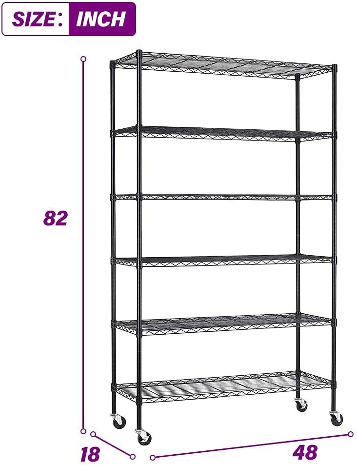 FDW 48"L×18"W×82"H Wire Shelving Unit Storage Cart Metal Shelf Rolling Utility Cart 2100Lbs Capacity with 6 Tier Casters Adjustable Layer Rack Strong Steel for Restaurant Garage Pantry Kitchen,Black