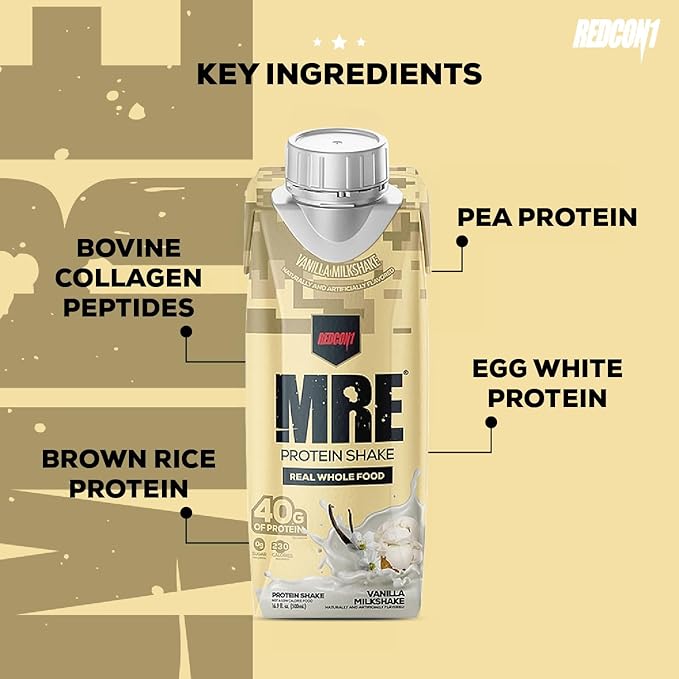 REDCON1 MRE Ready to Drink Protein Shakes, Vanilla Milkshake - Protein Drinks with Whole Food Sources - Sugar Free RTD Shake Formulated to Fuel Athletes at Any Time (12 Pack)